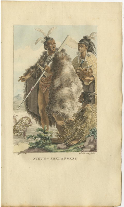 Maori Traditional Dress, Antique Hand-Colored Engraving, New Zealand, 1803, view 2