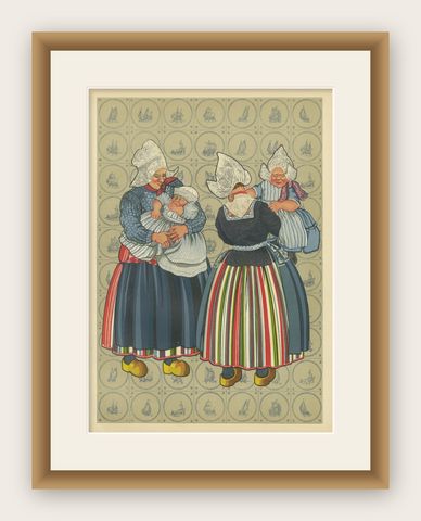 Charming Vintage Print, Women & Children of Volendam in Traditional Dress, 1932, shown framed