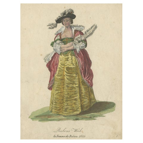 Antique Costume Print of Ruben's Wife in 1620, Published in 1805
