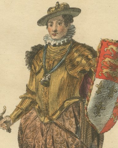 Military Habit of King Edward VI in 1552, Sword and Shield, Jefferys Plate, 1757, close-up 1