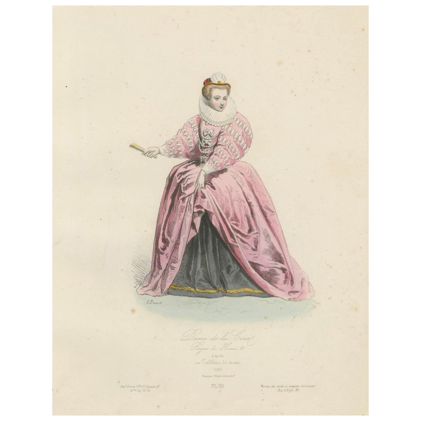 Antique French Costume Print of a Lady of the Court, Reign of Henri III, ca.1860