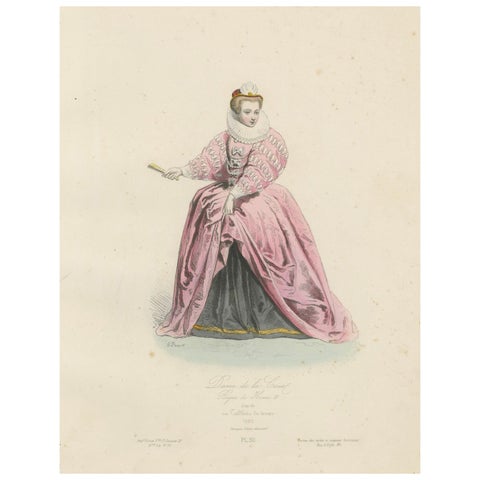 Antique French Costume Print of a Lady of the Court, Reign of Henri III, ca.1860