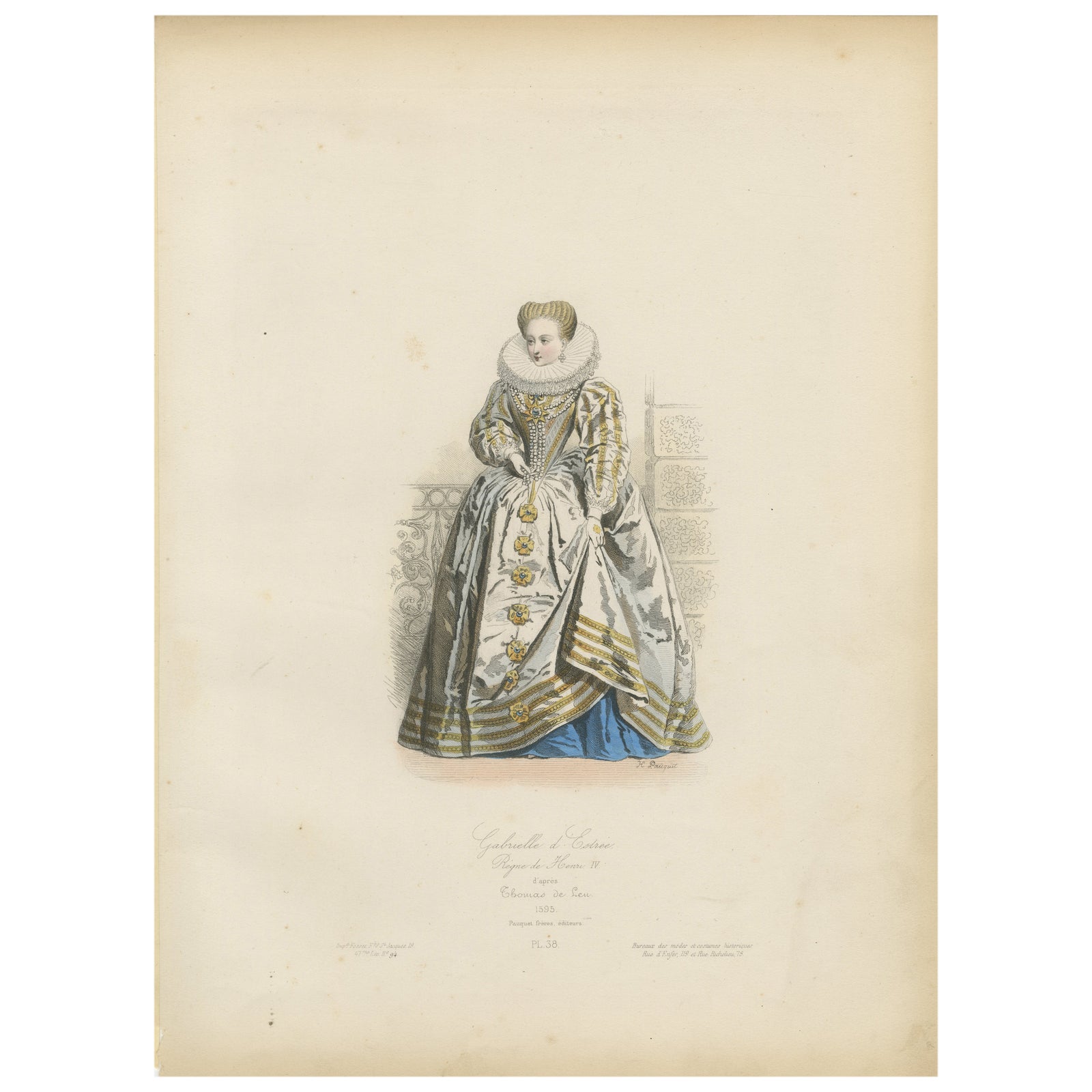 Antique French Costume Print of Gabrielle d’Estrées, 16th-Century Court Dress