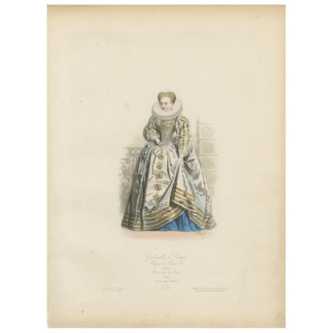 Antique French Costume Print of Gabrielle d’Estrées, 16th-Century Court Dress