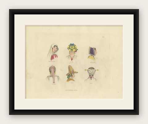 Traditional Headdresses from Italy and France: Florence, Ostia, Castà, 1823, shown framed