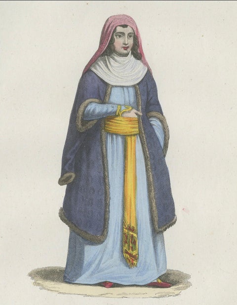 Russian Woman Costume Print, Antique Hand-Colored Lithograph, 1854, close-up 2