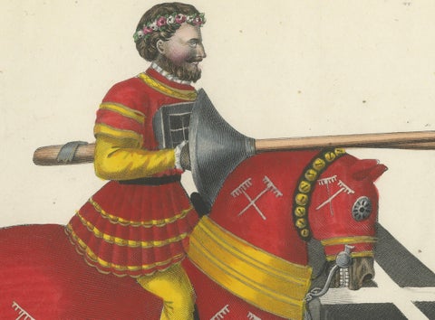 19th-Century Hand-Coloured Lithograph of Jousting Gentlemen in Vibrant Attire, close-up 2