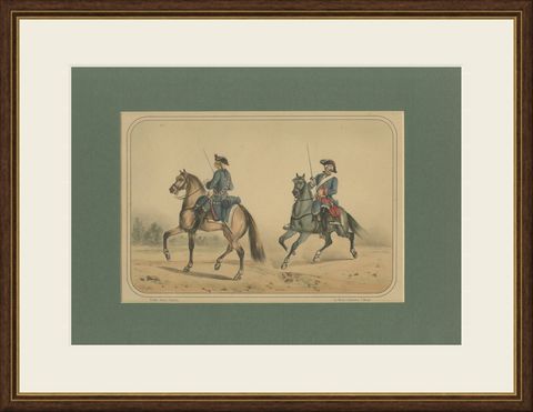 Spanish Cavalry Lithograph by José Rubio y Villegas: Sabre Officers, 1861, shown framed