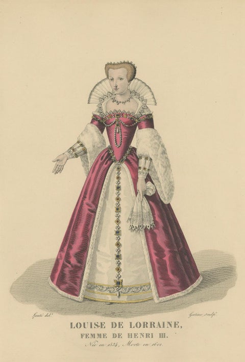 Antique Costume Print of Louise de Lorraine, Queen of France, 1900, close-up 1