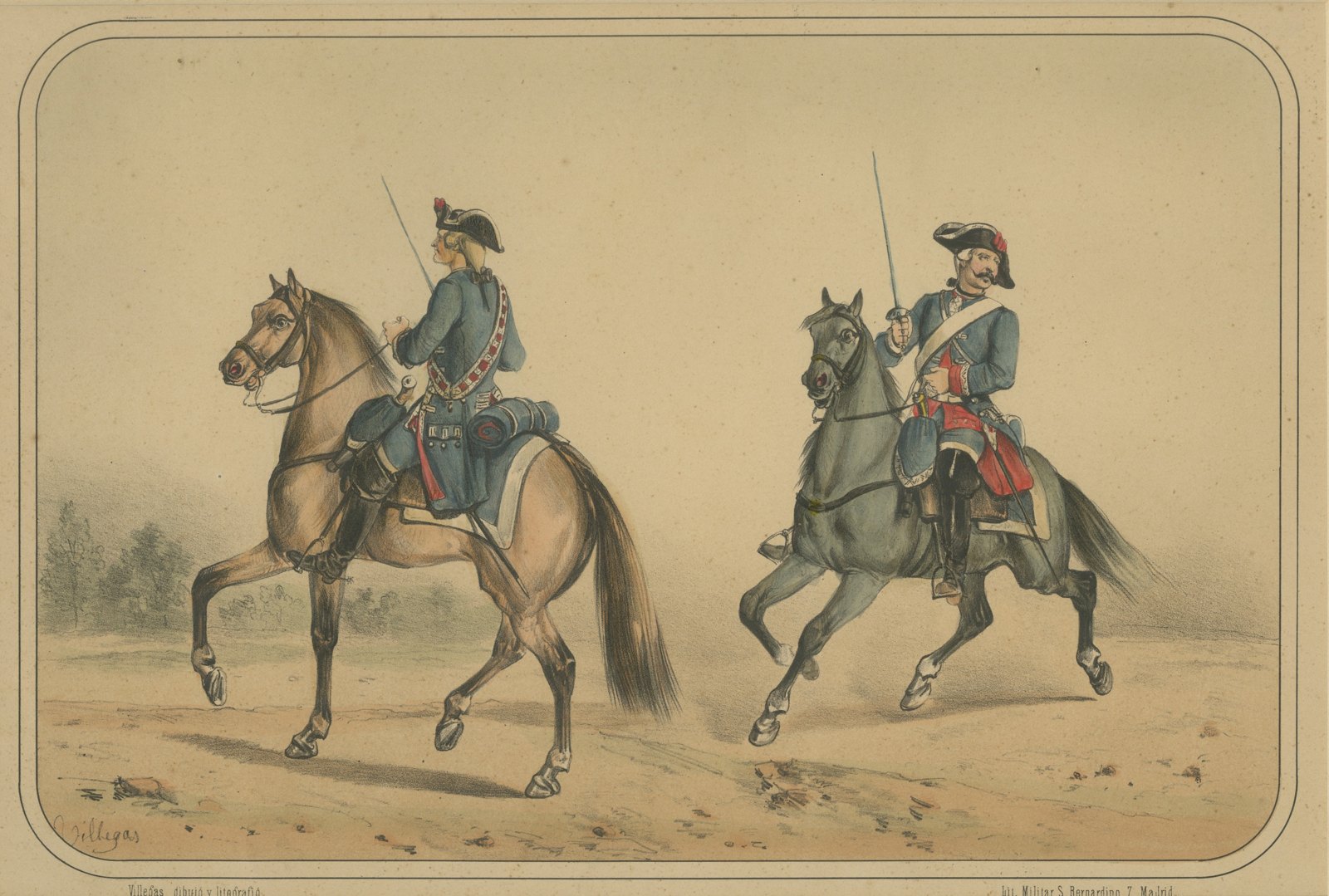 Two Spanish Cavalrymen in Tricorn Hats, Villegas Lithograph, Madrid, 1861