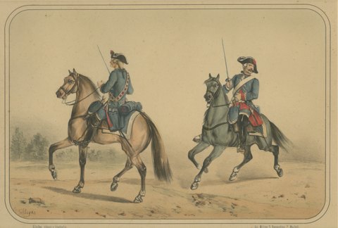 Two Spanish Cavalrymen in Tricorn Hats, Villegas Lithograph, Madrid, 1861
