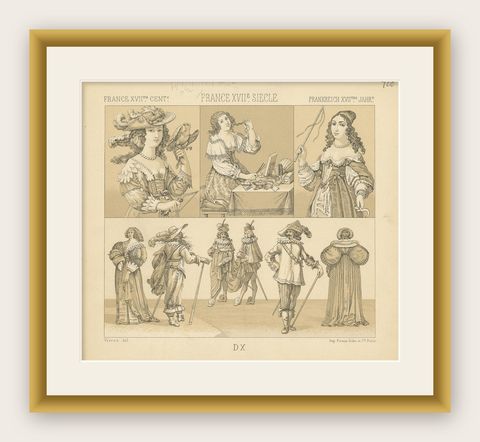 Pl. 100 Antique Print of French XVIIth Century Costumes by Racinet, circa 1880, shown framed