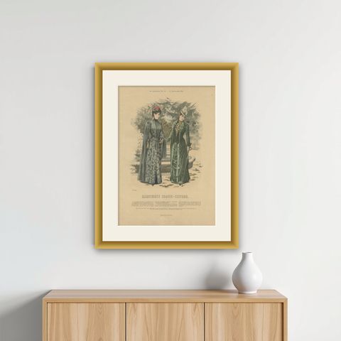 Antique Fashion Print from Germany by Dürr, 1889, shown framed on a wall