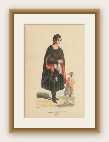 Antique Costume Print of Women in the Region of Prague by Wahlen, 1843, shown framed