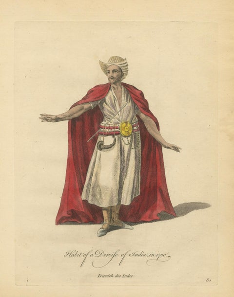 Habit of a Dervish of India, 1700, Hand-Colored Costume Engraving, close-up 1