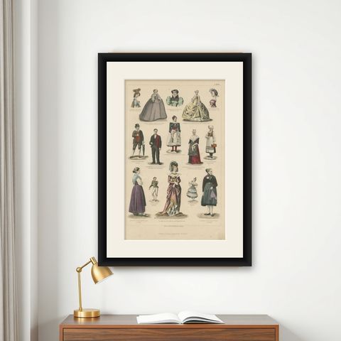 Antique Costume Print Including Costumes of Paris, Amsterdam, Norway and Others, shown framed on a wall