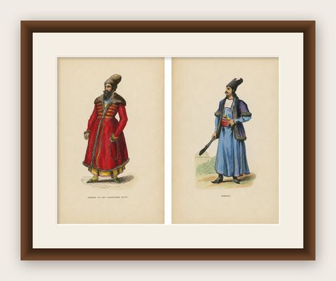 Antique Persian Costume Prints, Hand-Colored Orientalist Lithographs, 1852, shown framed