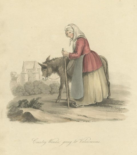 Antique Print of a Country Woman Going to Valenciennes in France, 1817, close-up 1