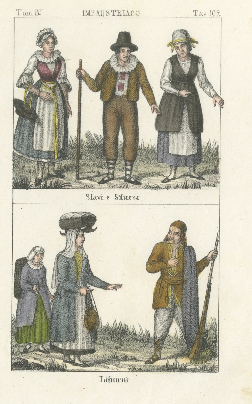 Slavs and Liburnians of the Austrian Empire, Hand Colored Lithograph, 1842