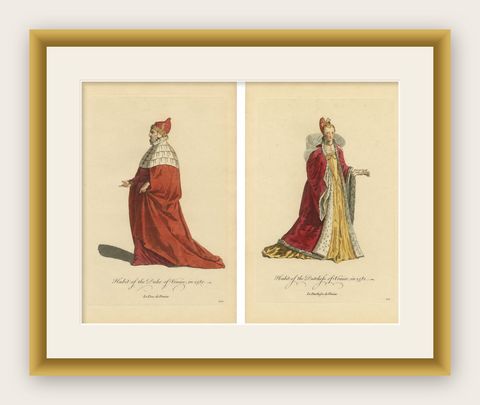 Duke & Duchess of Venice Costume Engravings in 1581, Hand-Colored Pair, 1749, shown framed
