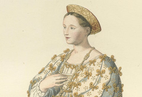 Bianca Maria, Countess of Cellant, 15th Century Italian Costume by Mercuri 1861, close-up 3