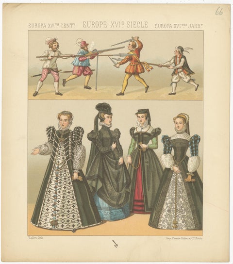 Pl. 66 Antique Print of European XVIth Century Costumes by Racinet 'circa 1880', view 3