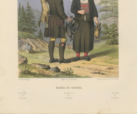 Traditional Dress from Surendal, Norway, Hunting Scene, 19th Century Print, close-up 1