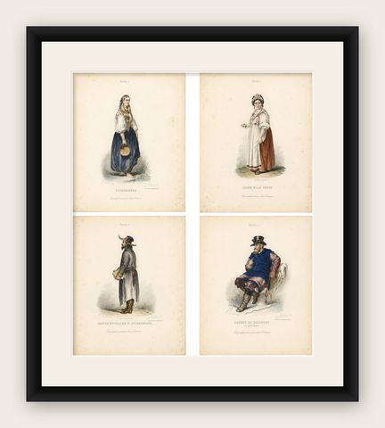 Russian Traditional Costumes and Trades, Set of Four Antique Prints, circa 1850, shown framed