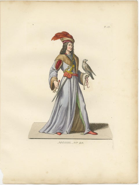 Medieval Falconer Figure, Hand-Colored Costume Engraving, France 1845, view 2