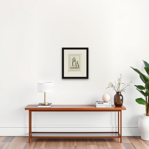 Antique Costume Print of the Province of Friesland in The Netherlands, c.1797, shown framed on a wall