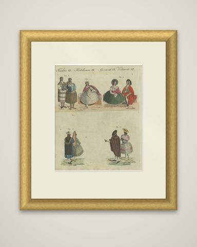 Elegant Costumes of 18th-Century Peru: Hand-Colored Engraving from Bertuch, 1805, shown framed
