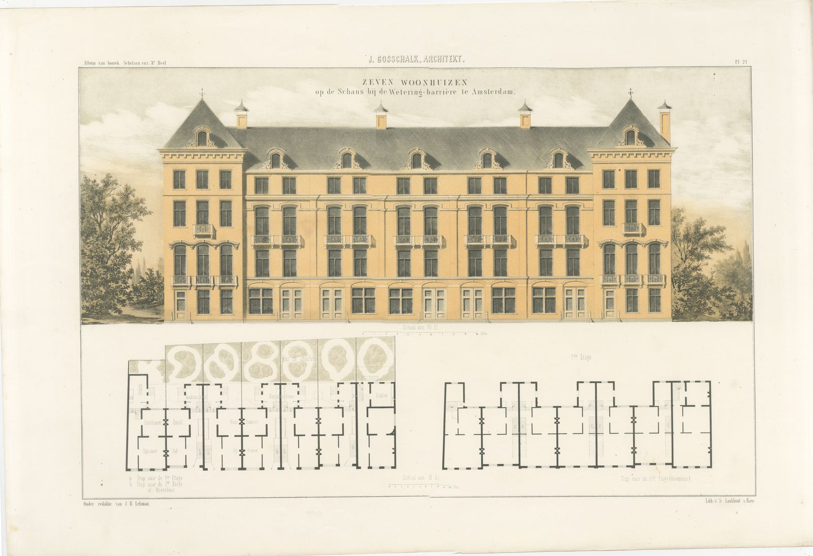 Terrace of Seven Houses, Amsterdam, Dutch Architecture Print, Leliman, 1865-1866