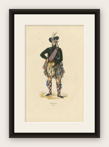Scottish Clan Chief in Highland Dress, Hand-Coloured Lithograph, c.1845, shown framed