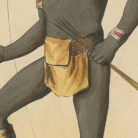 Antique Costume Print of a Warrior of Vanikoro Island by Wahlen, 1843, close-up 2