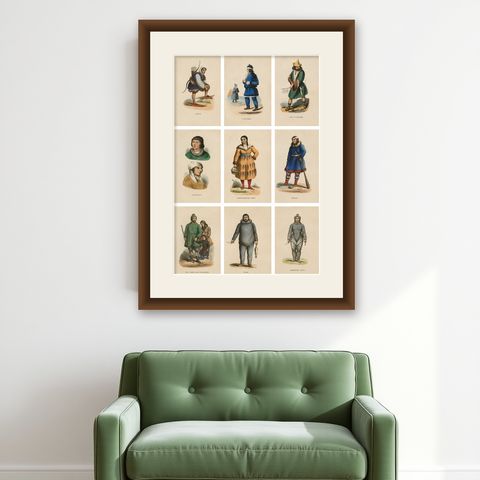 Antique Arctic Peoples & Northern Tribes Costume Prints, Set of 9, c.1852, shown framed on a wall