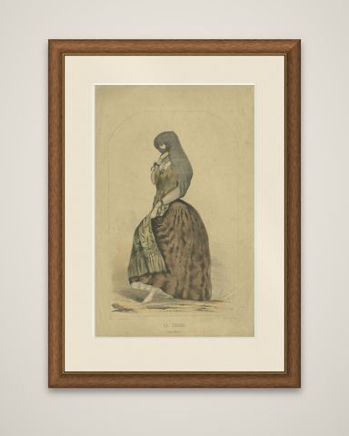 Original Antique Costume Print "La Tapada" of Lima, Peru by A.A. Bonnaffé, 1855, shown framed