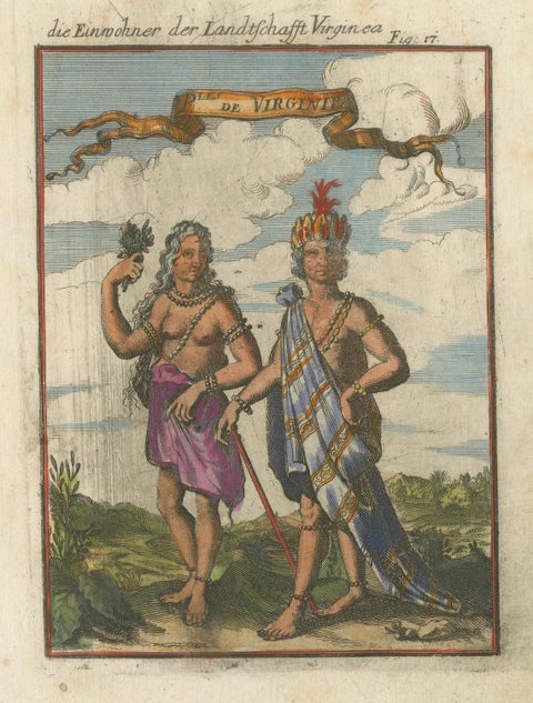 Virginia Indians, Man & Woman in Traditional Dress, Handcolored Engraving, 1683, close-up 4