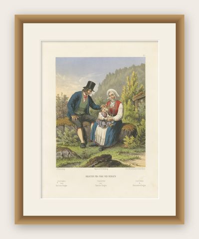 Norwegian Folk Costumes from Fane near Bergen, Tonsberg Edition, 1860s, shown framed