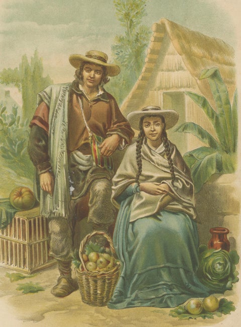 Original Antique Costume Print of Peruvian Mestizos, "Raza Roja", c.1880, close-up 3