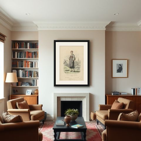 Antique Costume Print of a Girl from Leksand in Sweden, c.1880, shown framed in a room