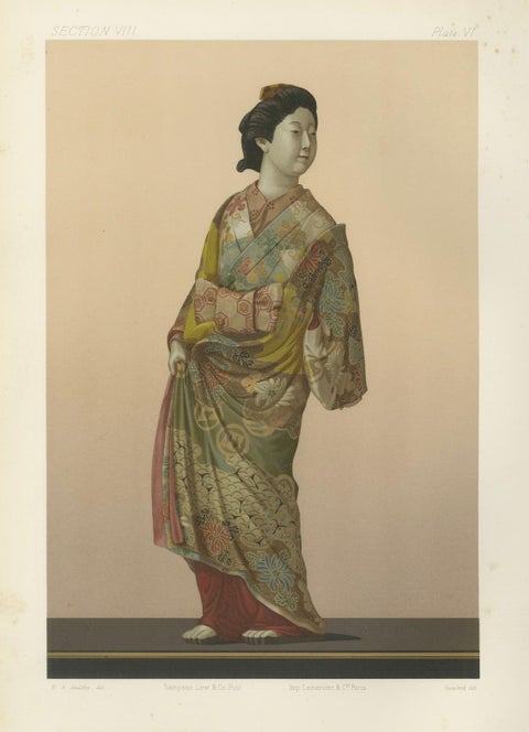 A Stunning Lithograph Showcasing a Japanese Lady Dressed in Kimono, 1884, close-up 4