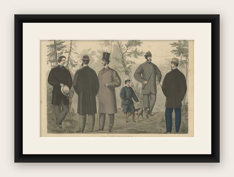 Antique Fashion Print of Male Costumes, 1864, shown framed