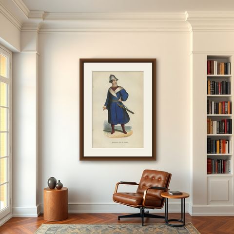 Antique Costume Print Mongol Kalmyk Warrior, Hand-Colored, 1854, shown framed in a room