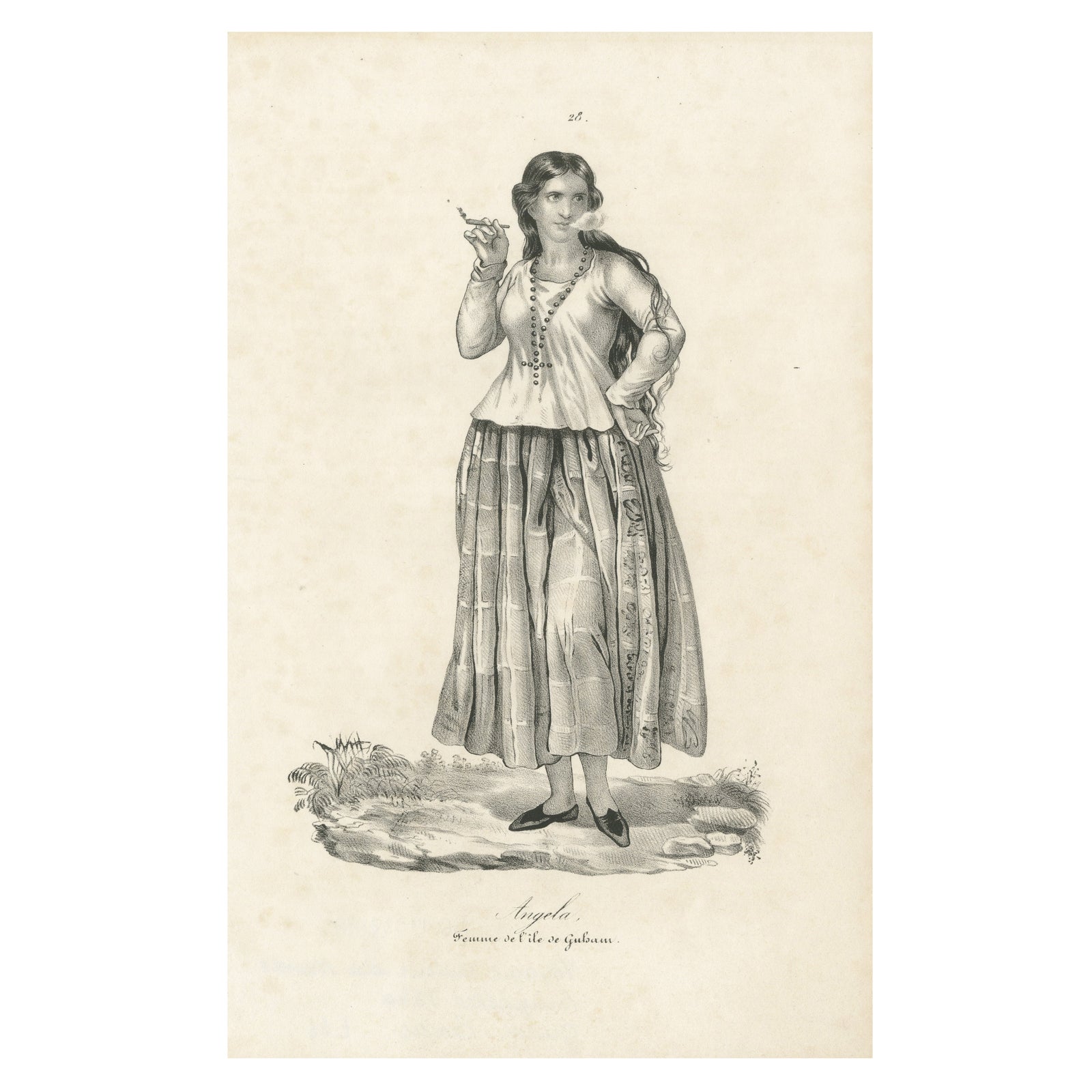 19th Century Guam Costume Lithograph, Angela, Smoking Woman from Gubam Island