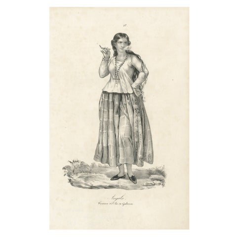 19th Century Guam Costume Lithograph, Angela, Smoking Woman from Gubam Island