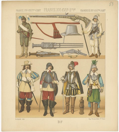 Pl. 83 Antique Print of French 16th Century Battle Costumes by Racinet, view 2