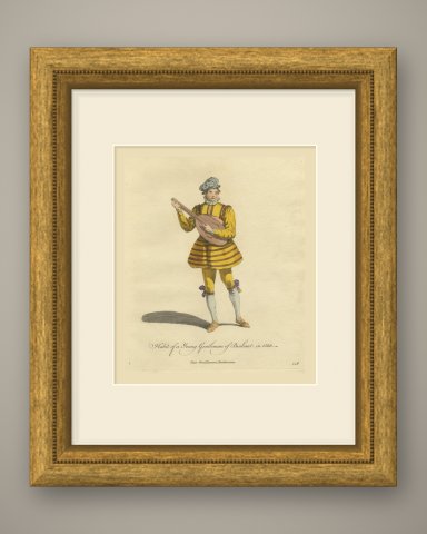 Young Gentleman of Brabant with a Lute in 1588, Jefferys Costume Plate, 1757, shown framed