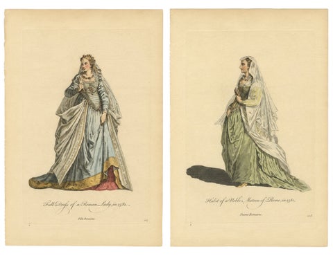 Roman Noblewomen Costume Engravings, Hand-Colored, Rome 1581- Published 1749