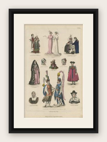 Antique Print with Costumes of England, Sweden, Holland and Others, shown framed