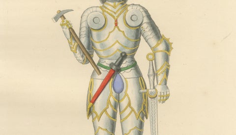 Joan of Arc in Armor, Antique Hand-Colored Costume Lithograph, c.1845, close-up 4
